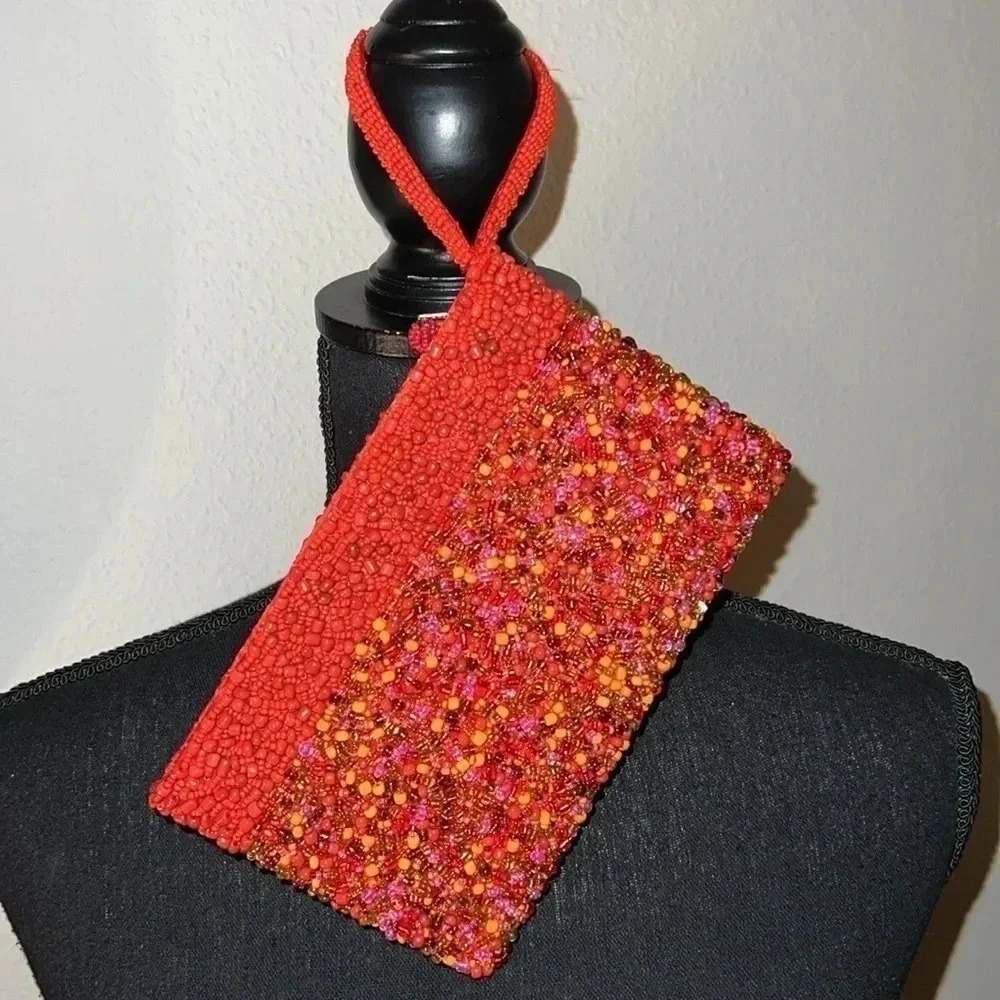 Heavily Beaded Orange Evening Bag Purse Wristlet Excellent Condition